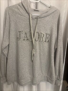 J'Adore Rhinestone-Embellished Gray Hoodie Sweater